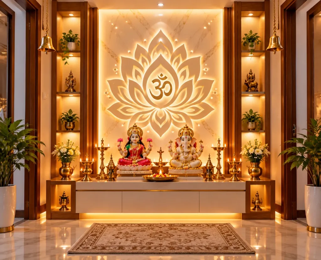 Backlit panel with lotus and Om motif behind Lakshmi and Ganesh idols