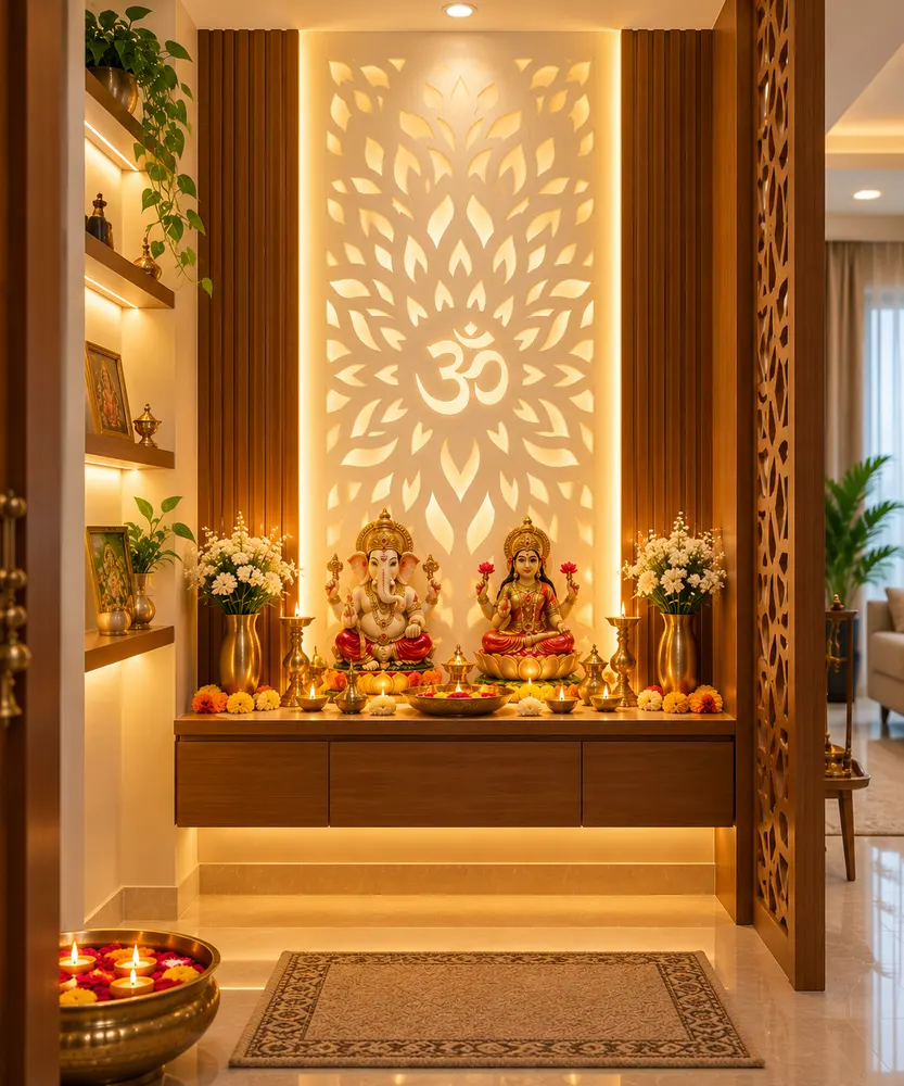 Backlit PVC wall panel with lotus pattern for a small pooja corner