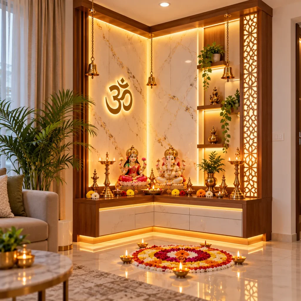Corner mandir in the living room with marble-look panels and rangoli