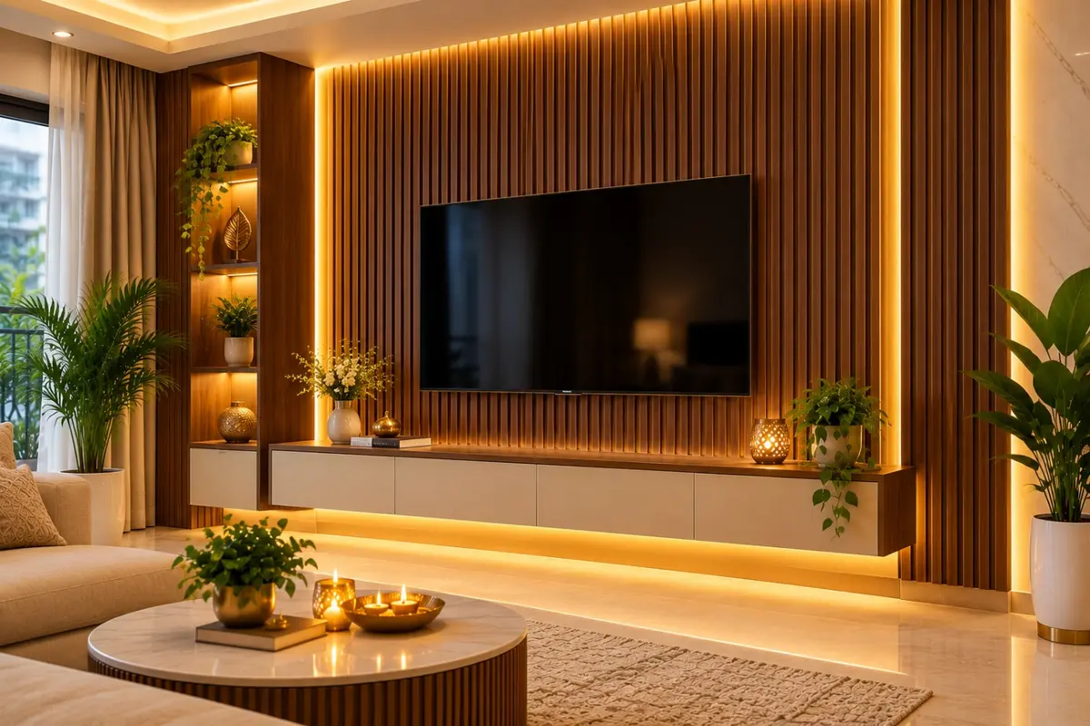 Fluted TV unit wall panel design with hidden warm LED strip