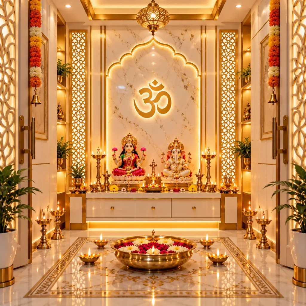 Gold and white pooja room design with brass urli and floating flowers