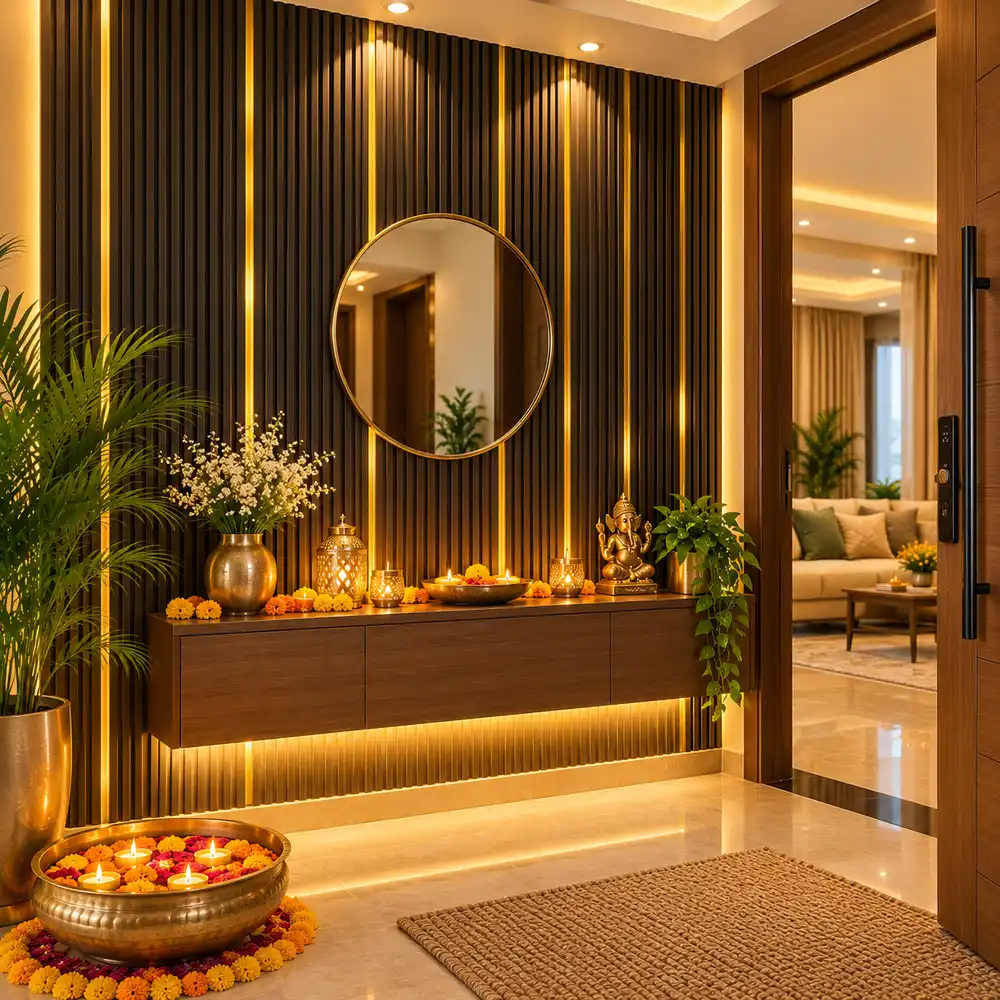 Fluted PVC panels with golden lines in a foyer