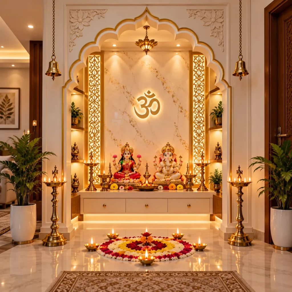 Haveli-style scalloped arch pooja room design with gold border