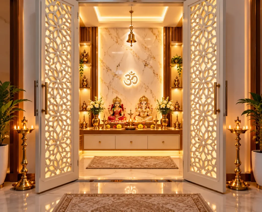 Jaali door pooja room design with backlit white jaali doors