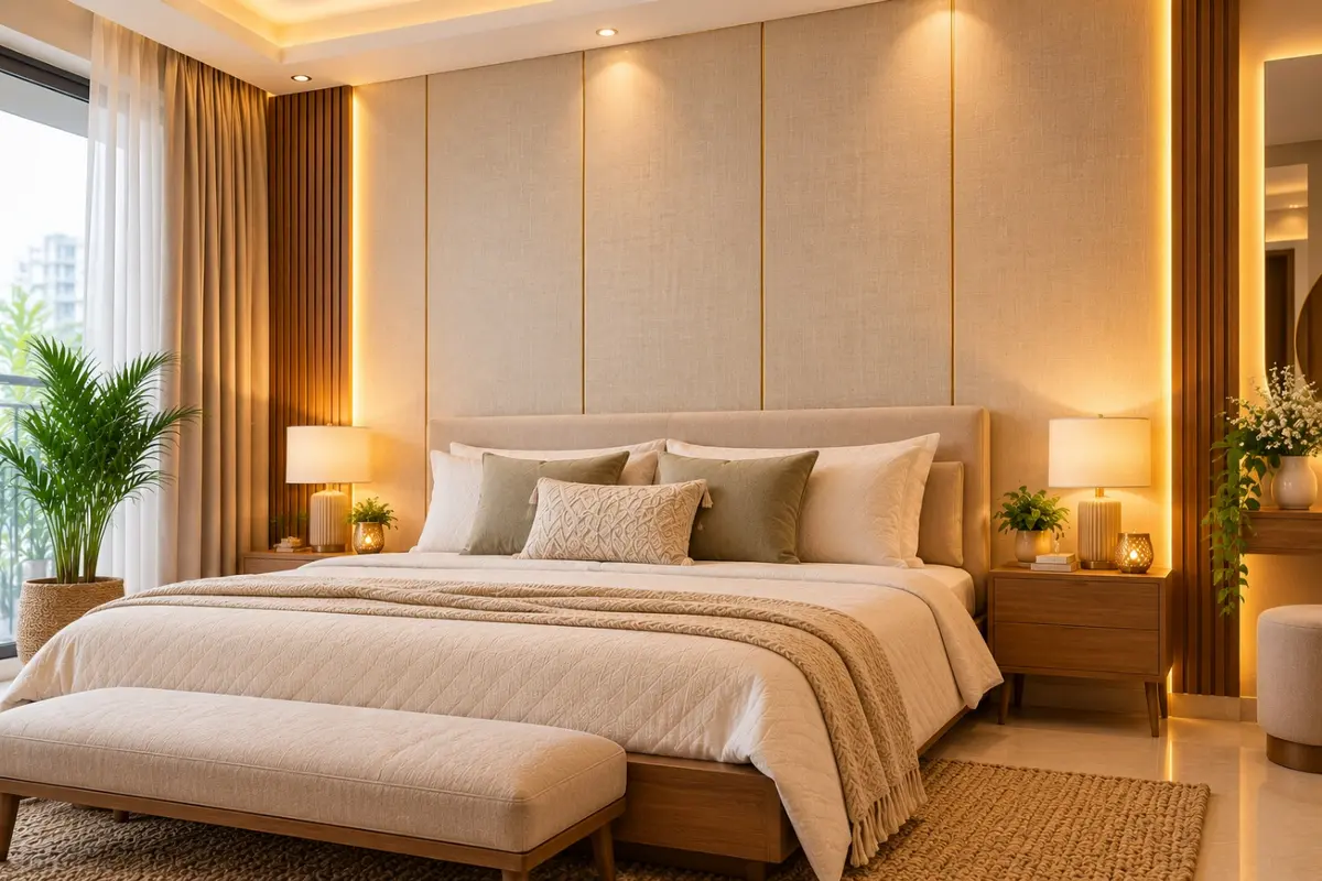 Linen texture PVC wall panels in a minimal bedroom