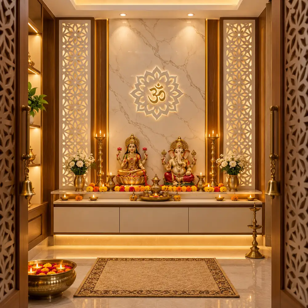 PVC marble sheet mandir backdrop with jaali panels in a pooja room