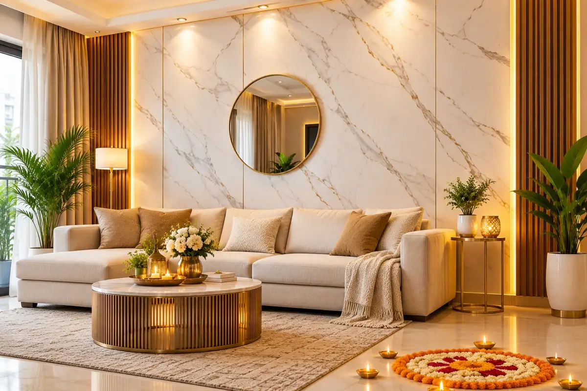 Matte marble PVC sheet accent wall with Diwali decor