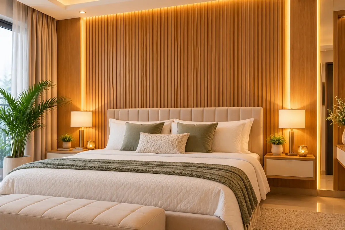 Warm oak fluted PVC panel headboard wall in a bedroom