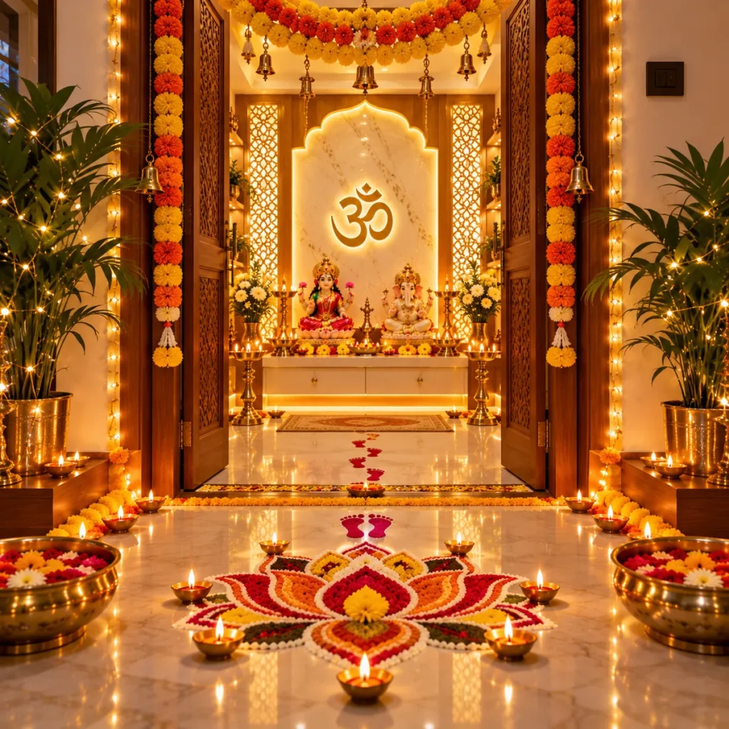 Pooja room decoration for Diwali with lotus rangoli, marigold toran and diyas