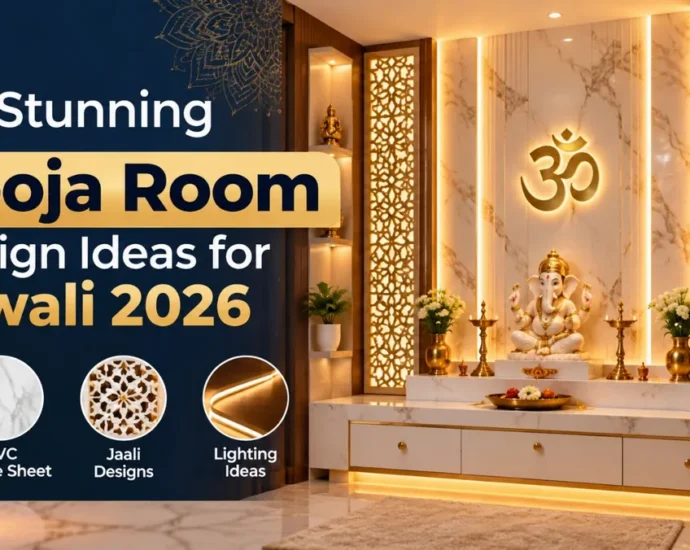 8 stunning pooja room design ideas for Diwali 2026 with PVC marble sheet, jaali and lighting