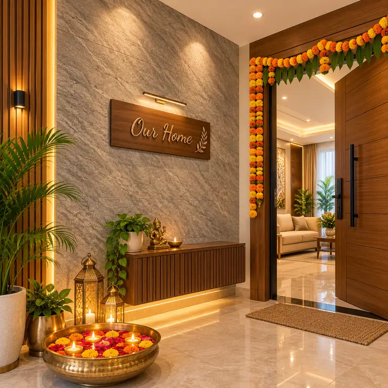Stone texture PVC panel entrance wall with Diwali toran