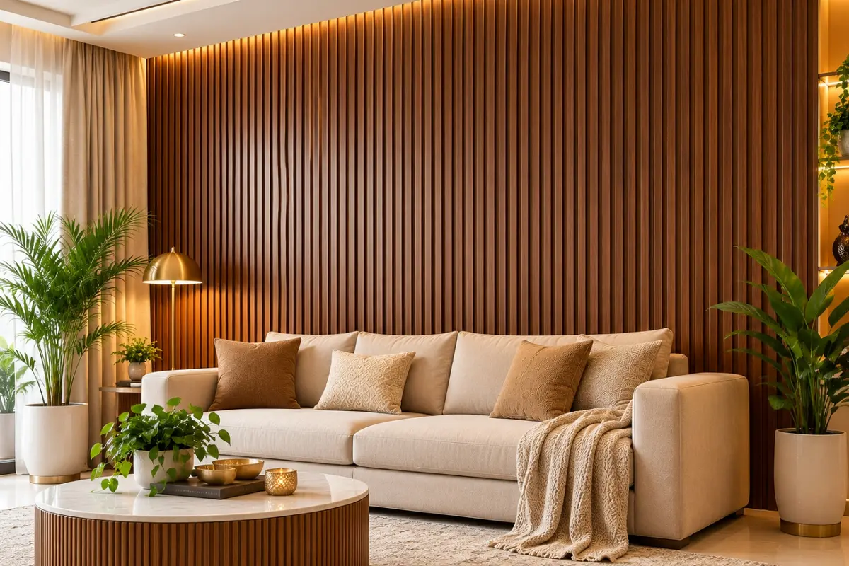 Vertical fluted wood-grain PVC wall panel design on a plain living room wall