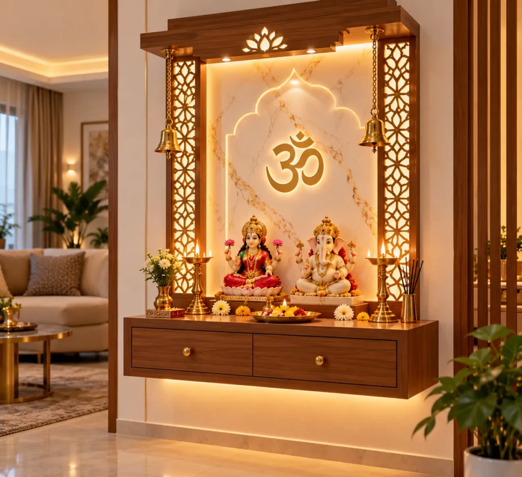 Wall-mounted mandir small pooja room design for flats with marble-look panel