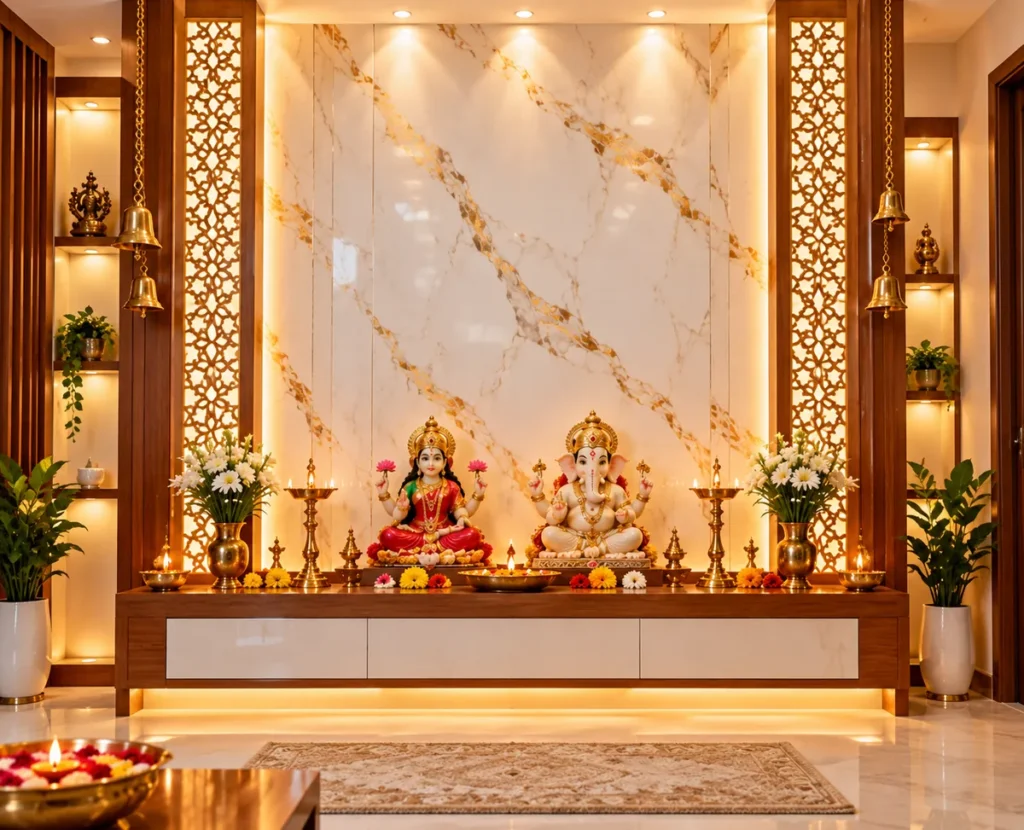 White PVC marble sheet mandir backdrop with jaali panels and brass diyas