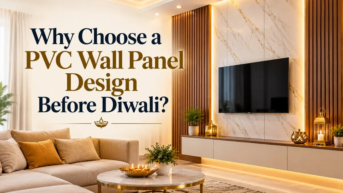 Living room with PVC wall panel design decorated for Diwali