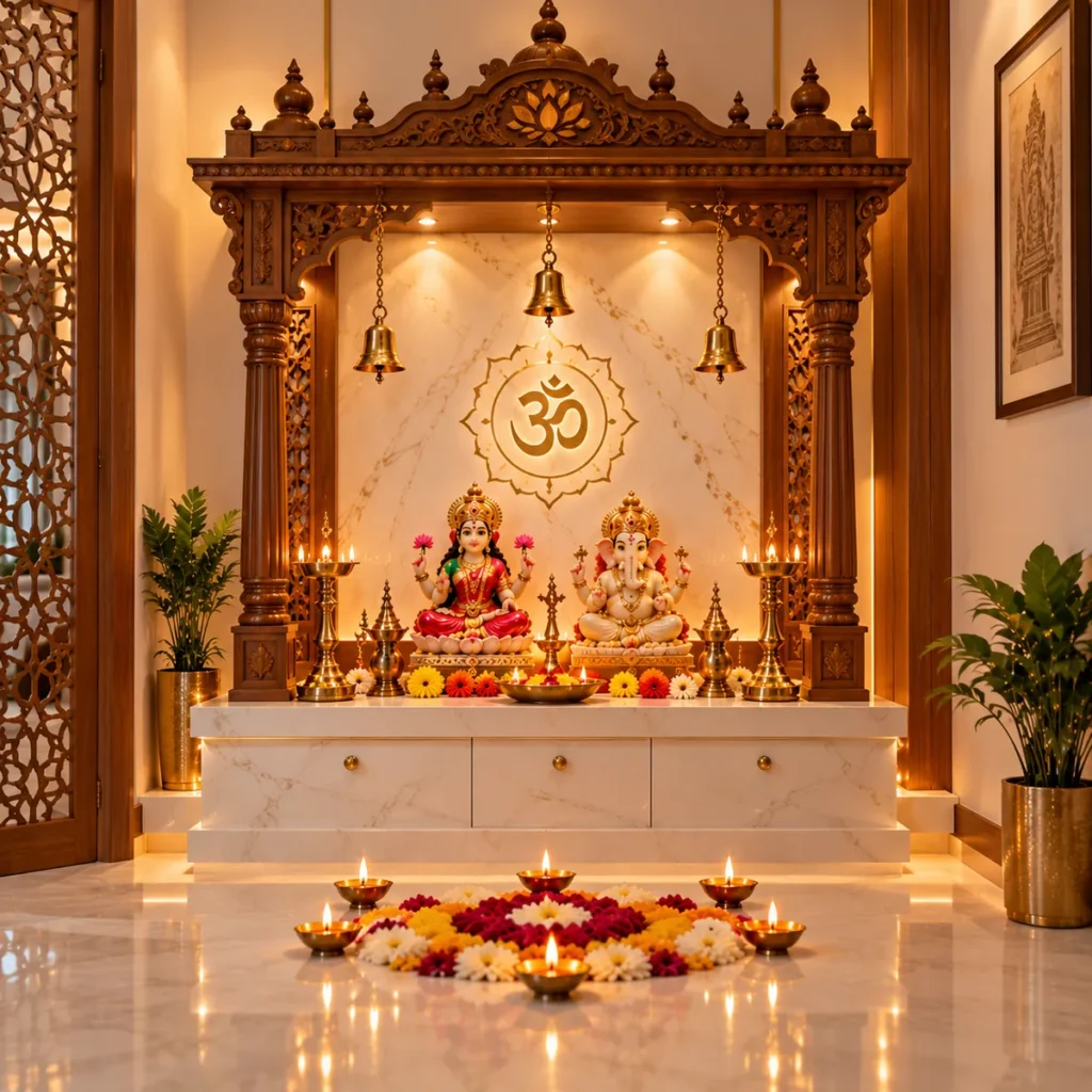 Carved wooden mandir with marble base and Om backdrop